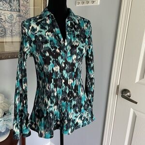Apt 9 Blouse. Long sleeve. Turquoise  blue black. Stretch. Size L
